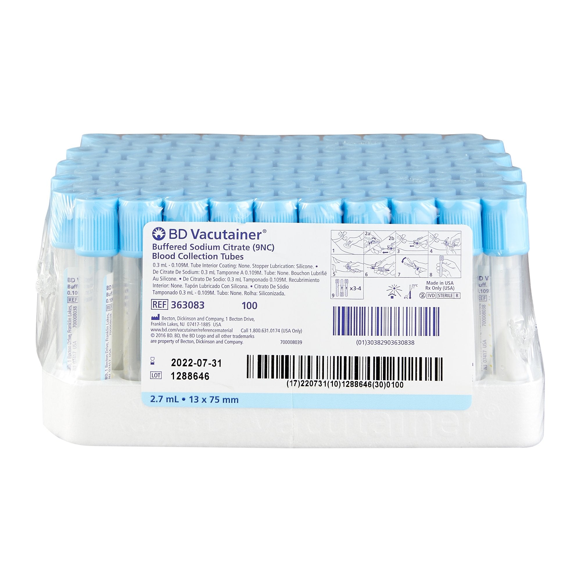 BD 363083 Vacutainer Plus Plastic Citrate Tubes- 2.7 mL, 13X75 mm, Blue Hemogard, 100/Box BD 363083 Vacutainer Plus Plastic Citrate Tubes- 2.7 mL, 13X75 mm, Blue Hemogard, 100/Box